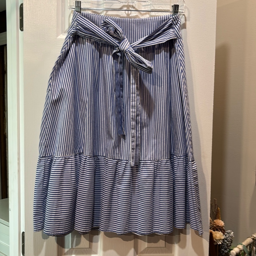 J Crew Tie-waist Midi Skirt Stripe Blue and White Preppy Classic Style Size 8